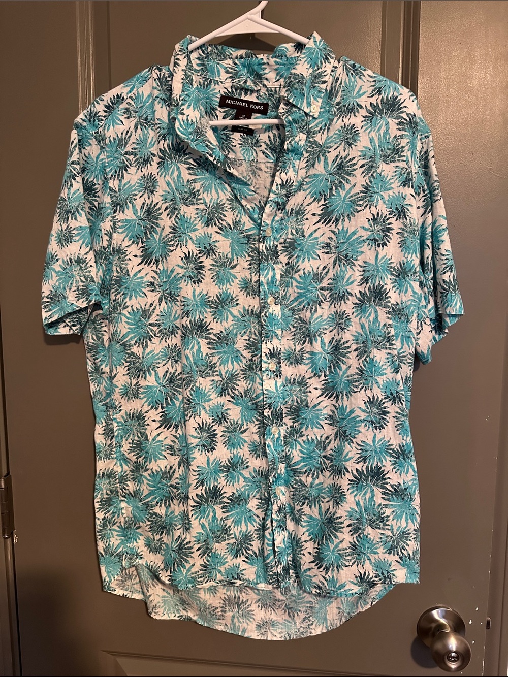 Michael Kors Teal and White Tropical Short Sleeve Button-Down Shirt